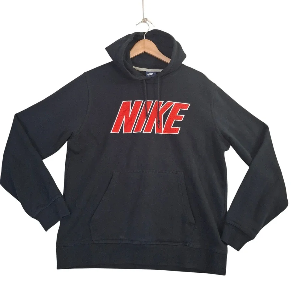 Vintage Nike Hoodie Mens Large Black Pullover Red Graphic Logo Sweatshirt Y2K